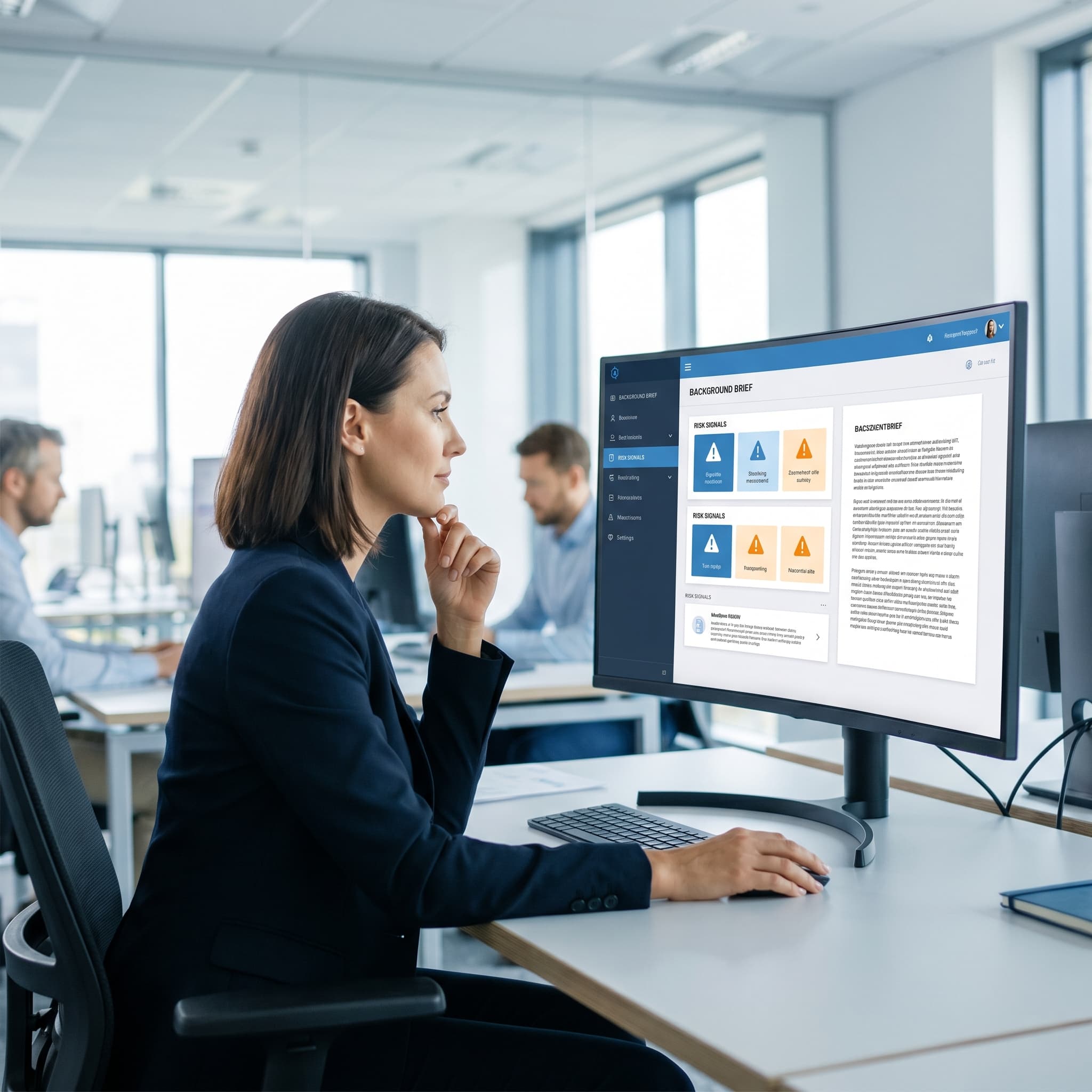 Consultora de RH analisando candidatos com confiança